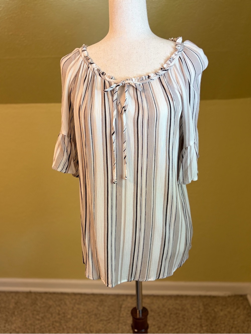 AB Studio Striped Tie-Front Tunic - White, Black, Tan